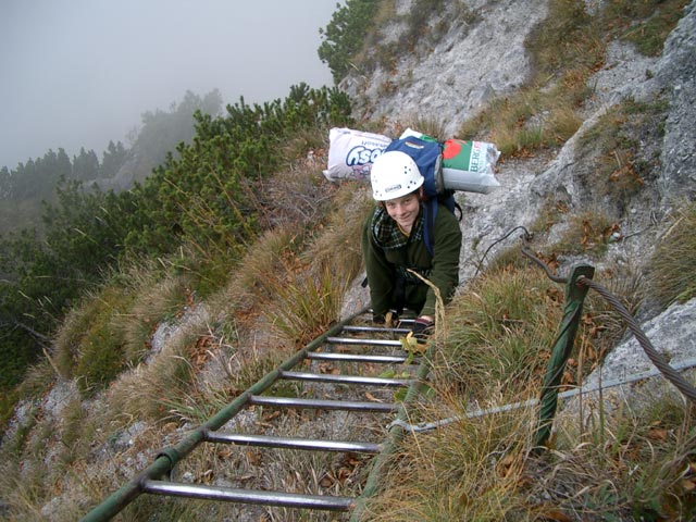 Maiklsteig: Daniela auf der ausgesetzten Schrägleiter (26. Okt)