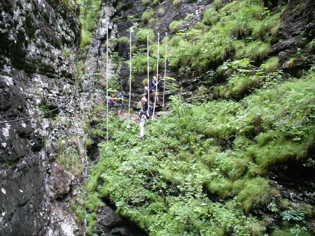 Klettersteig Postalmklamm: Daniela auf der Hangelbrücke