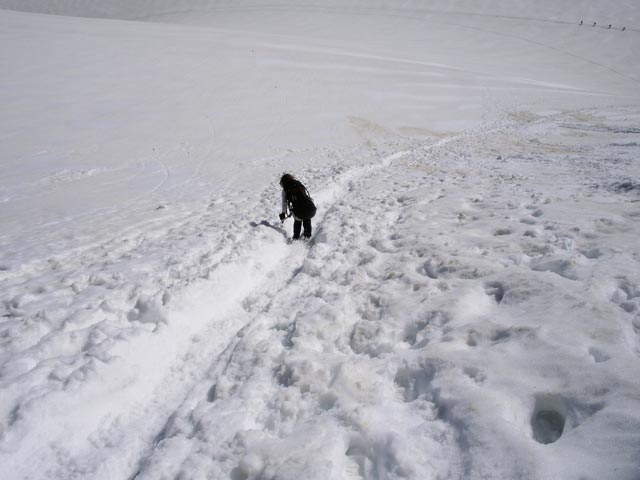 Irene am Hallst&auml;tter Gletscher zwischen Randkluftanstieg und Schulteranstieg (9. Juni)