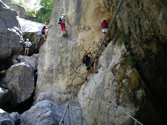 &Ouml;TK-Klettersteig: Alexander, Tobias, Christoph, Wolfgang und Doris bei der zweiten Br&uuml;cke (7. Juli)