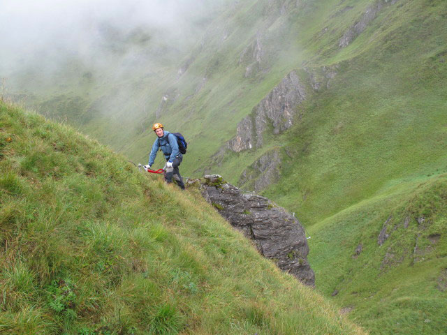 &Uuml;bungsklettersteig Kleine Scharte: Erich in der mittelschweren Ausstiegsvariante (13. Aug.)