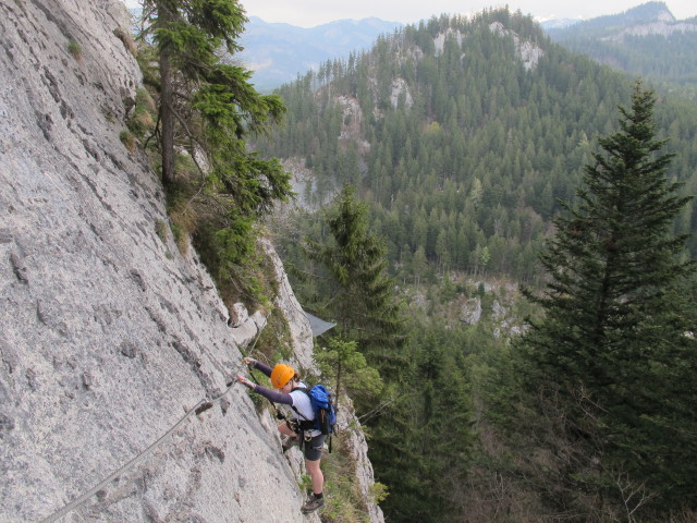 'Mein Land - Dein Land'-Klettersteig: Hannelore zwischen Seilbr&uuml;cke und Leiter