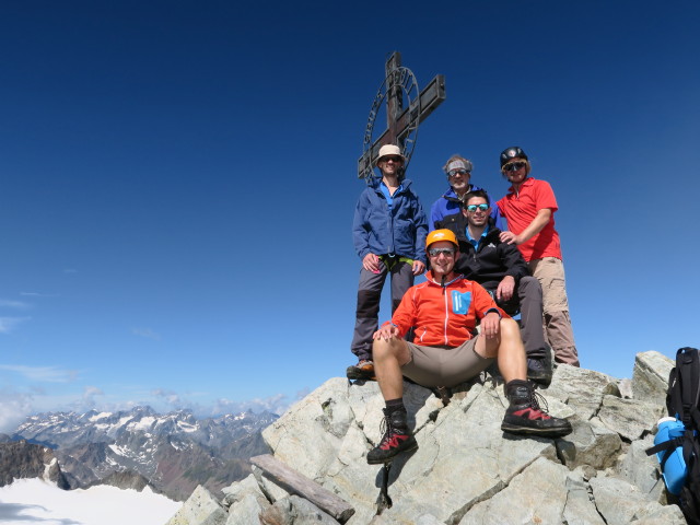 Thorsten, ich, Klaus, Dirk und J&ouml;rg auf der Ruderhofspitze, 3.474 m (30. Juli)
