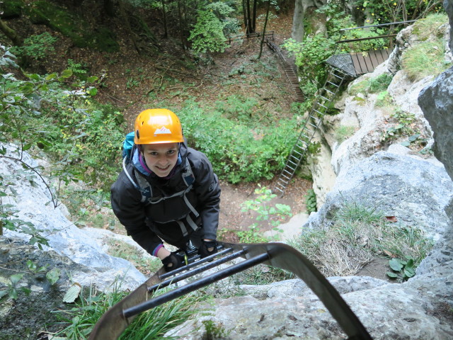 Rudolf-Decker-Klettersteig: Sabine auf der Leiter zum Wildsch&uuml;tzenloch