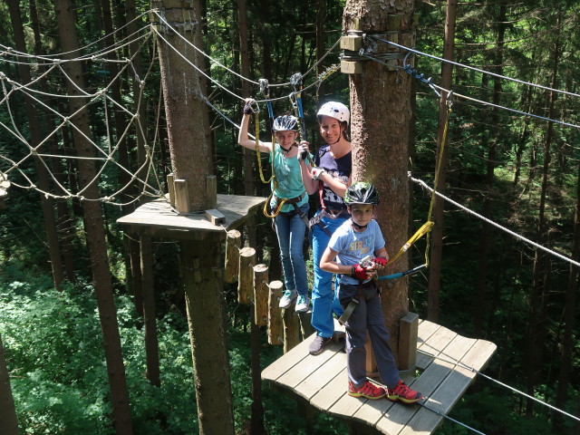 Kletterwald Buchenberg: Anja Liv, Sonja und Tim im Parcours 'Buchfink'