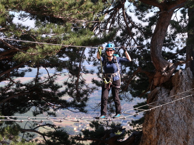 Gebirgsvereins-Klettersteig: Sabine auf der Seilbrücke