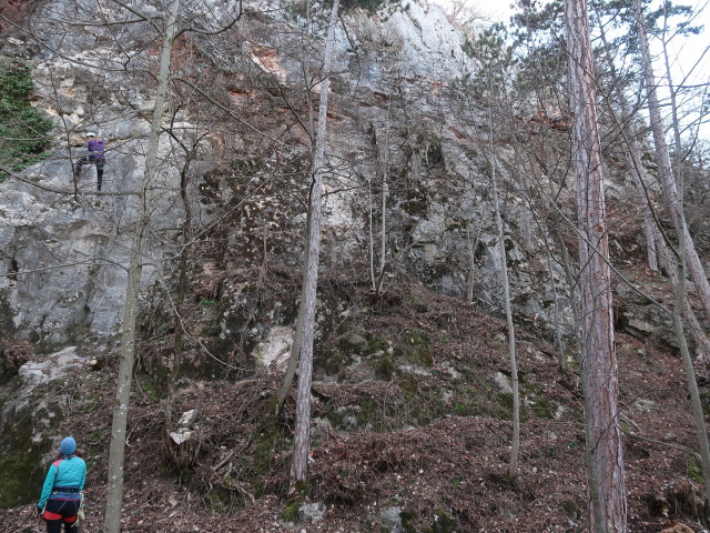 Linker Bergkraxlerwand-Klettersteig: Maria in der Schlüsselstelle